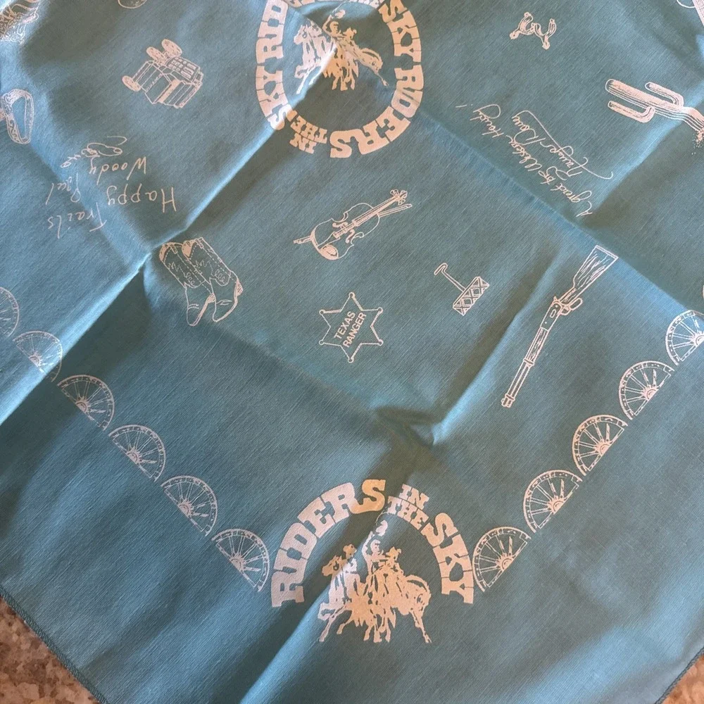 Vtg Riders In The Sky Western Bandana Turquoise White Cowboy Rodeo Handkerchief